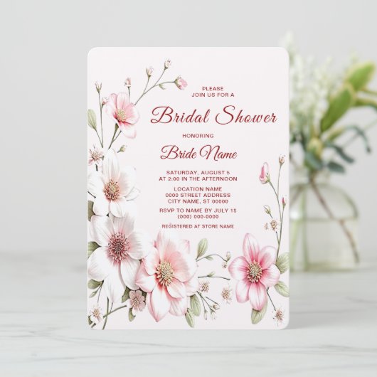 Elegant Roze White Floral Bridal Shower Kaart (Staand voorkant)