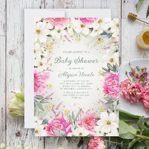 Elegant Roze White Floral Glitter Baby shower Invi Kaart