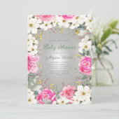 Elegant Roze White Floral Glitter Baby shower Invi Kaart (Staand voorkant)