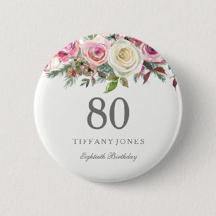 Elegant roze White Rose 80th Birthday Party Ronde Button 5,7 Cm