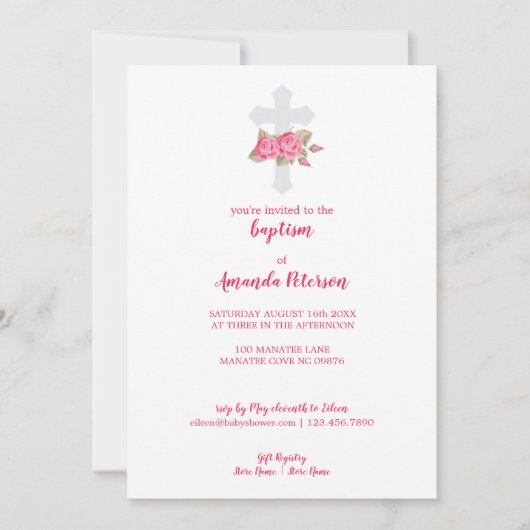 Elegant roze & White Roses Baptisme Kaart (Voorkant)