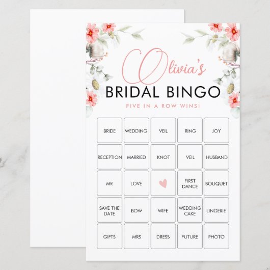 Elegant roze Wildbloemen Bingo Game Kaart (Voorkant / Achterkant)