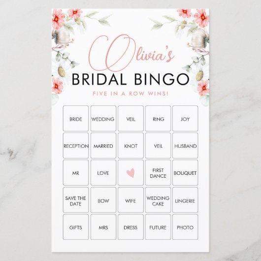 Elegant roze Wildbloemen Bingo Game Kaart (Voorkant)