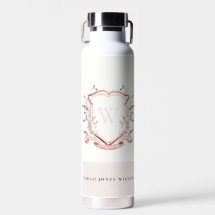 Elegant Roze Wilde Bloem Watercolor Crest Monogram Waterfles