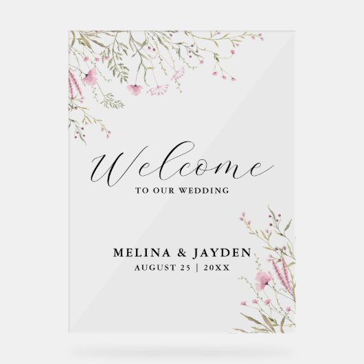 Elegant Roze Wilde Bloemen Eenvoudige Bruiloft Wel Acryl Bord (Voorkant)