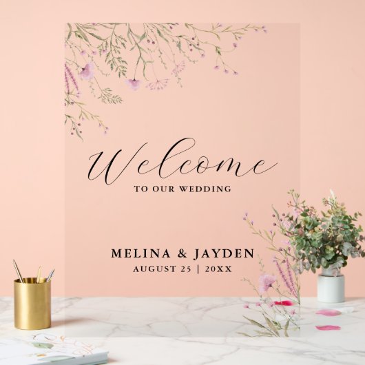 Elegant Roze Wilde Bloemen Eenvoudige Bruiloft Wel Acryl Bord (Huwelijk)