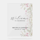 Elegant Roze Wilde Bloemen Eenvoudige Bruiloft Wel Acryl Bord (Voorkant)