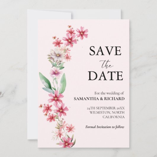 Elegant roze Wildflower Bruiloft Save The Date Kaart (Voorkant)