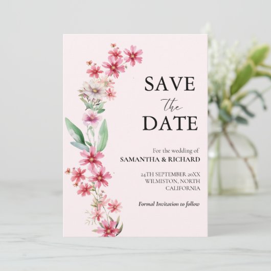 Elegant roze Wildflower Bruiloft Save The Date Kaart (Staand voorkant)