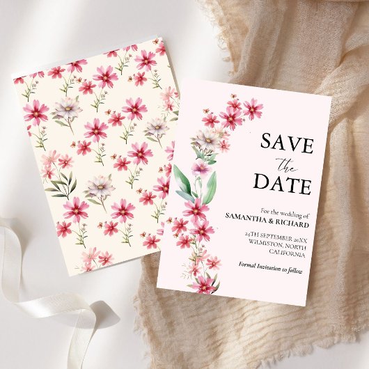 Elegant roze Wildflower Bruiloft Save The Date Kaart