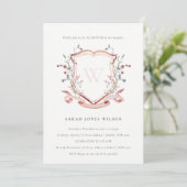 Elegant Roze Wildflower Monogram Crest Baptisme Kaart (Staand voorkant)