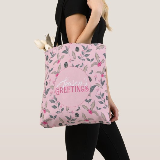 Elegant Roze Winter Bloemen Waterverf Kerstmis Tote Bag (Dichtbij)