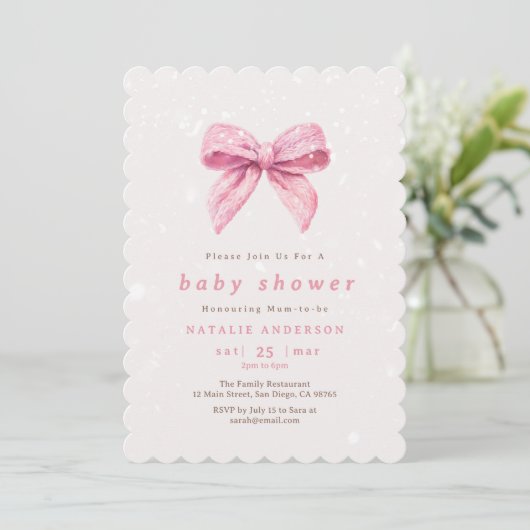 Elegant Roze Winter Sneeuw Coquette Baby shower Kaart (Staand voorkant)