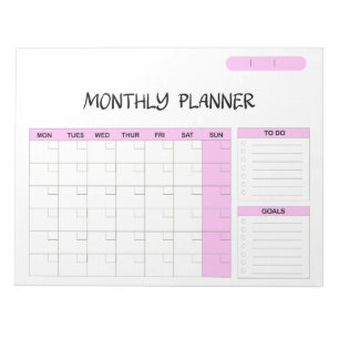 Elegant Roze Wit Blank Maandelijkse Kalender Plann Notitieblok
