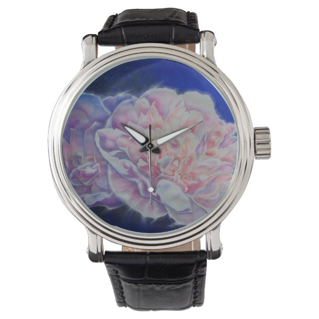 Elegant roze wit blauw pastel waterverf floraal horloge (Voorkant)
