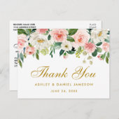 Elegant Roze Wit Bloemen Goud Bruiloft Dank u Briefkaart (Voorkant / Achterkant)