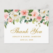 Elegant Roze Wit Bloemen Goud Bruiloft Dank u Briefkaart (Voorkant)