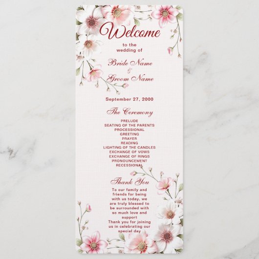 Elegant roze wit bloemen-huwelijksprogramma programmakaart (Voorkant)