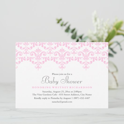 Elegant Roze & Wit Damask Baby shower Uitnodiging (Staand voorkant)