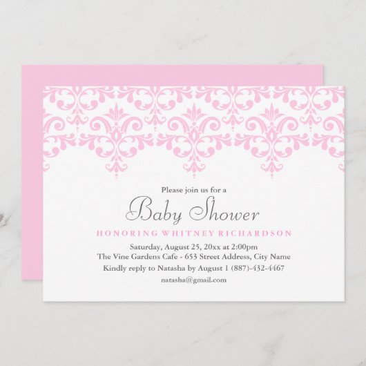 Elegant Roze & Wit Damask Baby shower Uitnodiging (Voorkant / Achterkant)