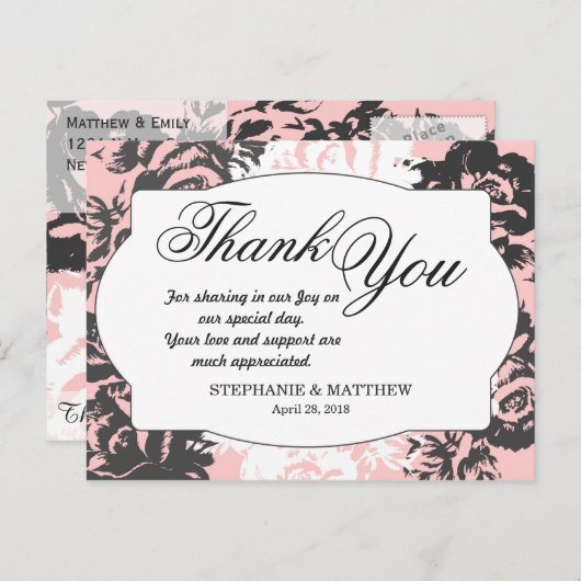 Elegant roze, wit en grijs bloemenpatroon briefkaart (Voorkant / Achterkant)