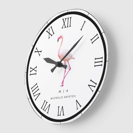 Elegant Roze Wit Flamingo | Monogram Aangepast Grote Klok (Hoek)