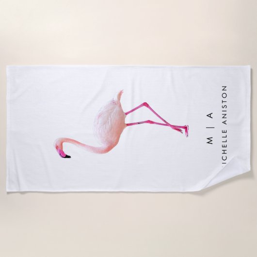 Elegant Roze Wit Flamingo | Monogram Aangepast Strandlaken (Voorkant)