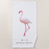 Elegant Roze Wit Flamingo | Monogram Aangepast Strandlaken (Voorkant)