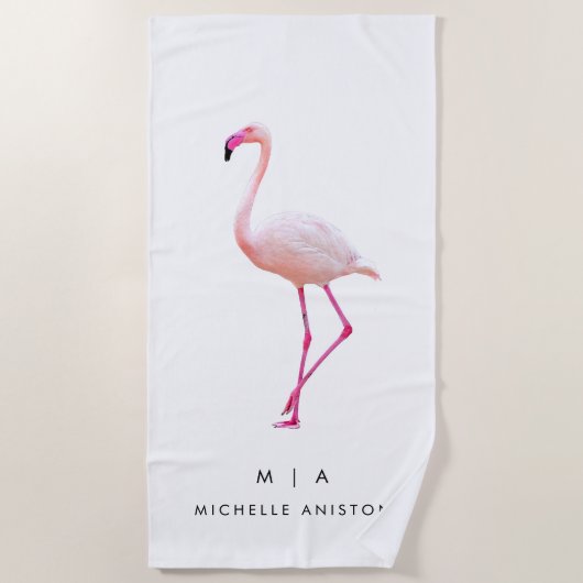 Elegant Roze Wit Flamingo | Monogram Aangepast Strandlaken (Voorkant)
