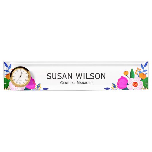 Elegant Roze Wit Geel Bloem General Manager Naambordje (Voorkant)