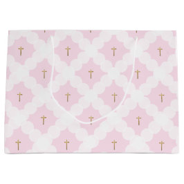 Elegant roze wit goud kruispatroon doop groot cadeauzakje
