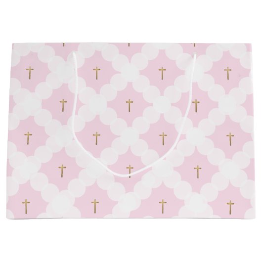 Elegant roze wit goud kruispatroon doop groot cadeauzakje (Voorkant)