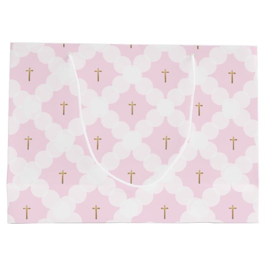 Elegant roze wit goud kruispatroon doop groot cadeauzakje (Achterkant)