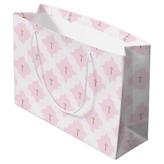 Elegant roze wit goud kruispatroon doop groot cadeauzakje (Achterkant Gekanteld)