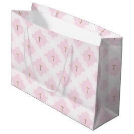 Elegant roze wit goud kruispatroon doop groot cadeauzakje