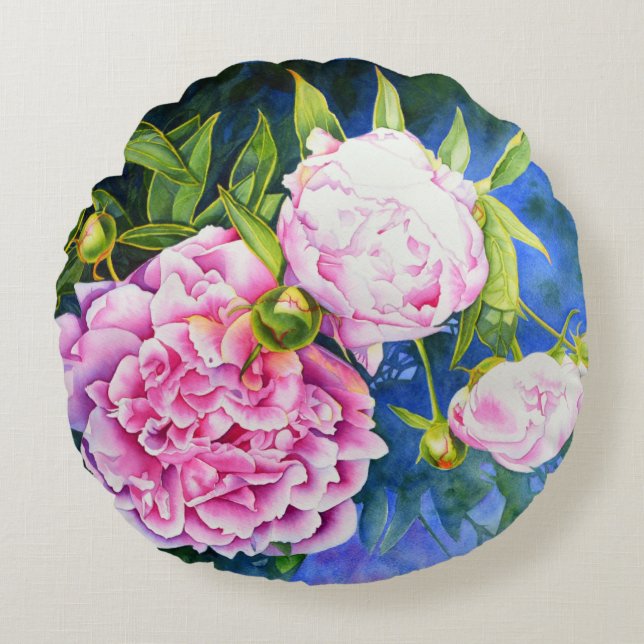 Elegant roze wit klassiek waterverf floral rond kussen (Voorkant)