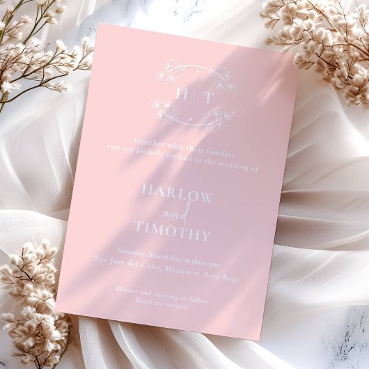 Elegant roze wit Monogram Kalligrafie Trouwen Kaart