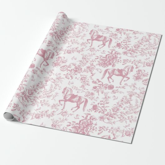Elegant  Roze Wit Paard Bloemenpatroon Cadeaupapier (Uitgerold)