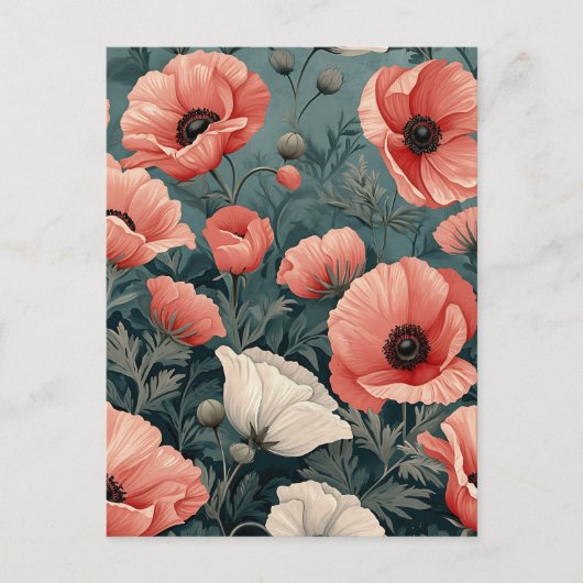 Elegant Roze Wit Rood Poppies Donker Blad Bloemig Briefkaart (Voorkant)