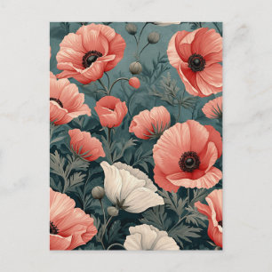 Elegant Roze Wit Rood Poppies Donker Blad Bloemig Feestdagenkaart
