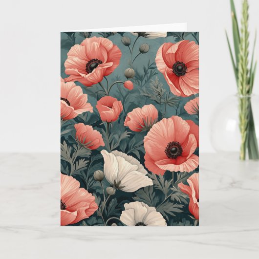 Elegant Roze Wit Rood Poppies Donker Blad Bloemig Kaart (Voorkant)