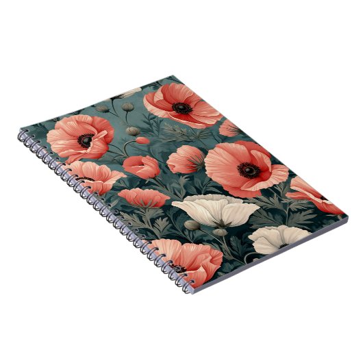 Elegant Roze Wit Rood Poppies Donker Blad Bloemig Notitieboek (Rechterzijde)