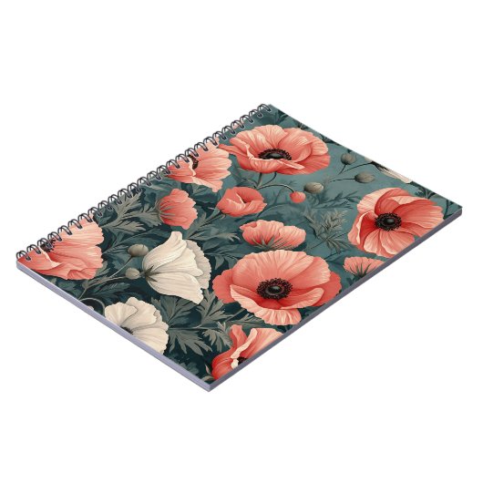Elegant Roze Wit Rood Poppies Donker Blad Bloemig Notitieboek (Linkerzijde)
