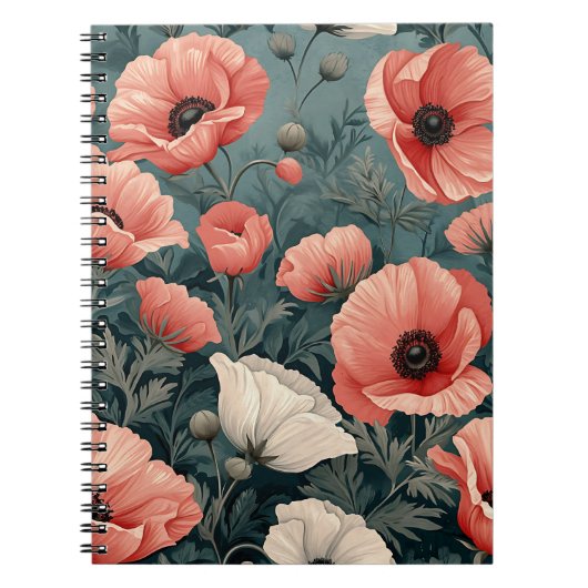 Elegant Roze Wit Rood Poppies Donker Blad Bloemig Notitieboek (Voorkant)