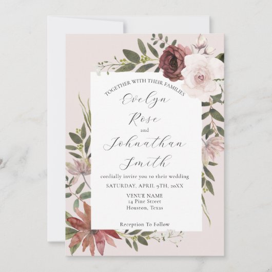 Elegant Roze Wit Rose Bruiloft Uitnodigen Kaart (Voorkant)