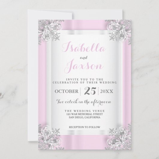 Elegant Roze & Wit Satijn met Zilver Kaart (Voorkant)