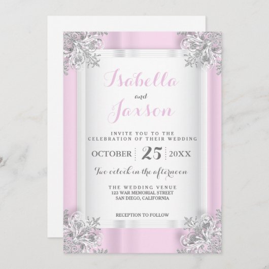 Elegant Roze & Wit Satijn met Zilver Kaart (Voorkant / Achterkant)