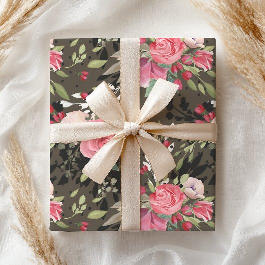 Elegant Roze Wit Zwart Roos Bloemen Cadeaupapier