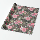 Elegant Roze Wit Zwart Roos Bloemen Cadeaupapier (Uitgerold)