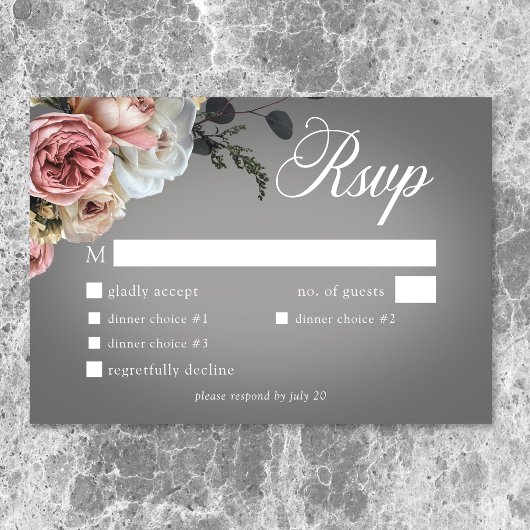 Elegant Roze Witte Bloemen Roos Grijs Trouwdiner RSVP Kaartje